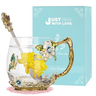 Foto 1 | Foto 1 | Taza De Té De Vidrio Wisolt Hecha A Mano Con Diseño Floral Y Juego De Cucharas - Venta Internacional.