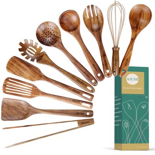 Foto 1 | Foto 1 | Set De Utensilios De Cocina Con Espátula Y Cucharón De Madera De Teca Natural (10) - Venta Internacional.