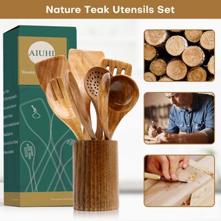 Foto 3 | Foto 3 | Set De Utensilios De Cocina Con Espátula Y Cucharón De Madera De Teca Natural (10) - Venta Internacional.