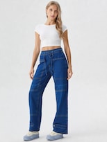 Jeans OBS Dama Wide Leg con Cinto y Parches Azul
