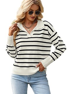 Foto 1 | Foto 1 | Jersey Bqdcqb Polo A Rayas Con Cuello En V De Punto Holgado Para Mujer - Venta Internacional.