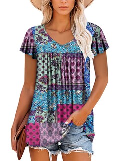 Foto 2 | Foto 2 | Blusa Tipo Túnica Roselinlin Con Volantes Manga Corta Cuello En V Azul 3xl Mujer - Venta Internacional.