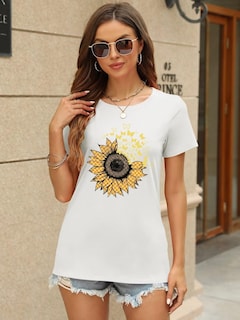 Foto 2 | Foto 2 | Camiseta Orandesigne Para Mujer Con Estampado De Mariposas Y Girasoles - Venta Internacional.