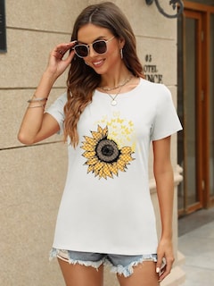 Foto 3 | Foto 3 | Camiseta Orandesigne Para Mujer Con Estampado De Mariposas Y Girasoles - Venta Internacional.
