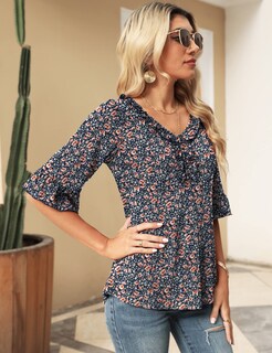 Foto 2 | Foto 2 | Blusa Tipo Túnica Con Volantes Florales Y Cuello En V Y Mangas 3/4 De Shirt Ivicoer - Venta Internacional.