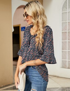 Foto 3 | Foto 3 | Blusa Tipo Túnica Con Volantes Florales Y Cuello En V Y Mangas 3/4 De Shirt Ivicoer - Venta Internacional.