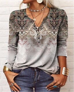 Foto 2 | Foto 2 | Blusa Akivide Para Mujer Bohemio Floral Manga Larga Cuello En V Talla Grande - Venta Internacional.