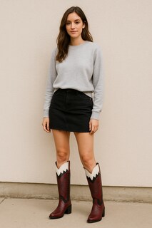 Foto 8 | Foto 8 | Bota Vaquera Vino Para Mujer Con Bordado Tacón Medio Estilo Western Cowboy Rodeo Juvenil