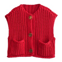 Chaleco Flygo Para Mujer Grueso Con Botones De Ganchillo Rojo - Venta Internacional.