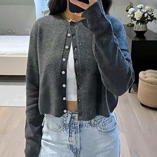 Foto 2 | Foto 2 | Jersey Tipo Cárdigan Ruewey Para Mujer Punto Corto Y2k Gris Oscuro Talla M - Venta Internacional.