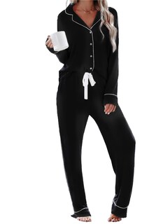 Foto 1 | Foto 1 | Conjunto De Pijama Evaimizill Para Mujer Manga Larga Con Botones Negro - Venta Internacional.