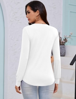 Foto 4 | Foto 4 | Camiseta Luyaa Plisada Con Cuello En V Y Manga Larga Para Mujer Color Blanco S - Venta Internacional.