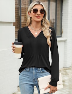 Foto 2 | Foto 2 | Blusa Tipo Túnica Luyaa Para Mujer Cuello En V Plisada Negra Manga Larga - Venta Internacional.