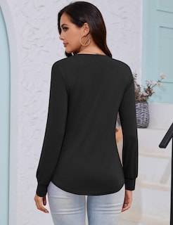 Foto 4 | Foto 4 | Blusa Tipo Túnica Luyaa Para Mujer Cuello En V Plisada Negra Manga Larga - Venta Internacional.