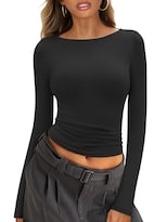 Camisa Easygala  Cuello Barco  Algodón  Manga Larga  Para Mujer  Color Negro - Venta Internacional.