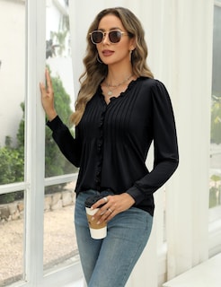 Foto 4 | Foto 4 | Blusa Tipo Túnica Micoson Cuello En V Manga Abullonada Plisada Negra Xxl - Venta Internacional.