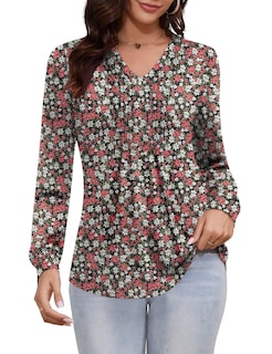 Foto 1 | Foto 1 | Top Luyaa Plisado De Manga Larga Con Cuello En V Para Mujer Negro Rojo Floral - Venta Internacional.
