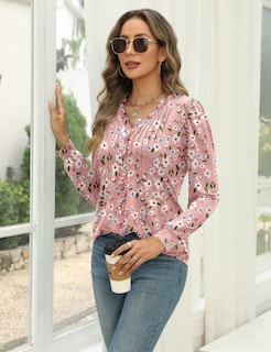 Foto 4 | Foto 4 | Blusa Micoson Para Mujer Cuello En V Manga Abullonada Cuello Con Volantes Rosa L - Venta Internacional.