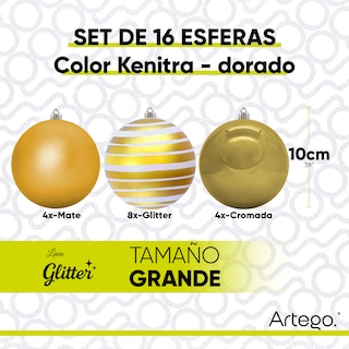 Foto 3 | Foto 3 | Esferas Para Árbol De Navidad Artego Grandes De 10 Cm De Diámetro Paquete 16 Esferas Dorado Kenitra Línea Glitter
