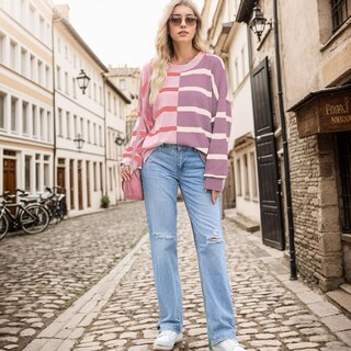 Foto 4 | Foto 4 | Suéter Summerat Para Mujer Holgado Estampado De Rayas De Color Rosa - Venta Internacional.