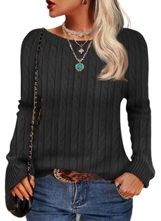 Foto 1 | Foto 1 | Jersey Wiffgo De Punto Trenzado Para Mujer Cuello Redondo Manga Larga Negro - Venta Internacional.