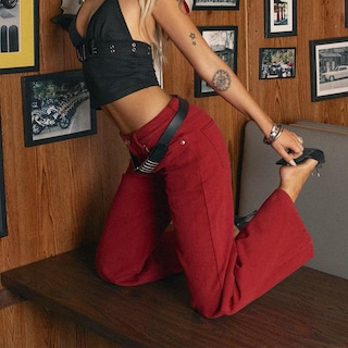 Foto 6 | Foto 6 | Vaqueros Kodaruber Para Mujer Talla Baja Holgados Vintage Rojo Vino - Venta Internacional.