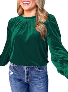 Foto 2 | Foto 2 | Top Leiyee De Terciopelo Verde Abullonado De Manga Larga Para Mujer - Venta Internacional.