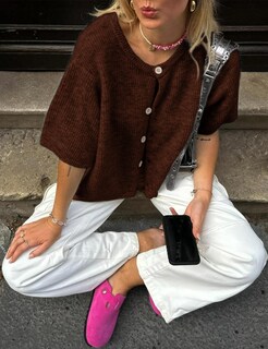 Foto 4 | Foto 4 | Jersey Tipo Cárdigan Scusty Para Mujer Manga Corta Con Botones Marrón - Venta Internacional.