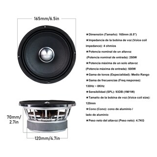 Foto 2 | Foto 2 | Bocina Tipo Medio Rango 6.5'' 250w Rms Para Auto 2 Unidades Eo Safe Imports Esi-22086 Negro