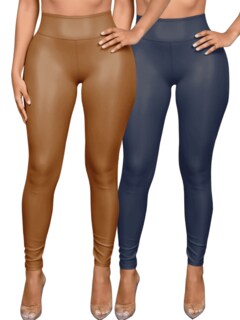 Foto 1 | Foto 1 | Set De Dos Leggins Moda Elegante Casual Lic-0105-px2 Azul Y Café Claro Mujer Vinipiel