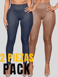 Foto 5 | Foto 5 | Set De Dos Leggins Moda Elegante Casual Lic-0105-px2 Azul Y Beige Mujer Vinipiel