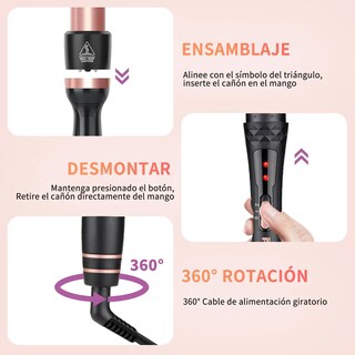 Foto 4 | Foto 4 | Juego De Varita Rizadora De Pelo 3 En 1 Con Cepillo Térmico Y 2 Barriles De Turmalina Rosa