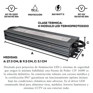 Foto 2 | Foto 2 | Fuente De Poder Dc 12v 360w 30a Slim Adaptador Corriente Balastro Conmutada Exterior Para Iluminación Led Cctv Uso Interior