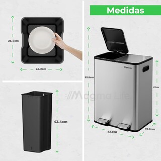 Foto 2 | Foto 2 | Magmalife Bote De Basura Doble 60 L (30l+30l) Con Pedal Y Sellado De Tapa Suave Acero Inoxidable Satinado Antihuellas