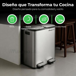 Foto 5 | Foto 5 | Magmalife Bote De Basura Doble 60 L (30l+30l) Con Pedal Y Sellado De Tapa Suave Acero Inoxidable Satinado Antihuellas