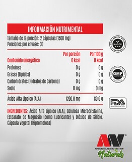 Foto 2 | Foto 2 | Acido Alfa Lipoico 60 Cápsulas 750 MG C/U Advance Labs Nutrition