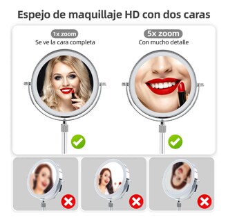 Foto 2 | Foto 2 | Espejo Maquillaje Doble Aumento Espejos Con Luz Touch 3 Modos Espejo Recargable Por Usb Giratorio De 360° Redondo De Mesa Perfec