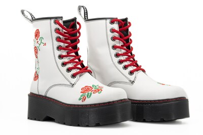 Foto 3 | Foto 3 | Botas Offlander Tipo Militar Piel Napa Blanco Chunky Rosas Rojas Bordadas