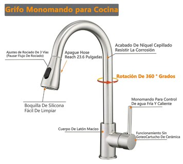 Foto 4 | Foto 4 | Grifo De Cocina Xtellar  Grifo Mezclador De Agua Fría Y Caliente De Acero Inoxidable  Con Mango Extraíble De Un Solo Mando