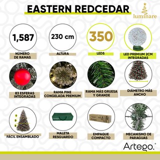 Foto 5 | Foto 5 | Árbol De Navidad Nevado Artego 230 Cm De Alto Con Luces Led Integradas 350 Leds Preiluminado Y 83 Esferas Rojas Eastern Redcedar
