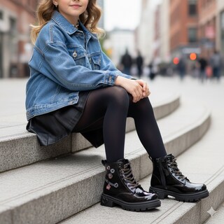 Foto 7 | Foto 7 | Bota Botin Para Niña En Charol Negro Con Estoperoles De Flores Tornasol Y Agujeta