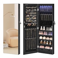 Espejo Joyero de Pared SONGMICS Espejo Joyero Colgante sin Marco, Armario de Joyas con 6 Luces LED, con 2 Cajones, Negro