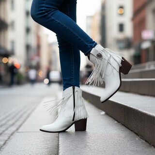 Foto 8 | Foto 8 | Bota Botin Vaquera Para Mujer Cowboy Con Flecos Estilo Western Color Latte Beige Tacon Cuadrado Comoda Ligera Moda Juvenil