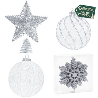 Foto 1 | Foto 1 | Set De Esferas Y Adornos Navideños Para Árbol De Navidad Esquimal Decoración Navideña Cristal Plateado 25 Piezas