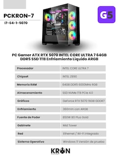 Foto 2 | Foto 2 | Pc Gamer Atx Rtx 5070 Intel Core Ultra 7 64gb Ddr5 Ssd 1tb Enfriamiento Líquido Argb
