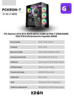 Foto 2 | Foto 2 | Pc Gamer Atx Rtx 5070 Intel Core Ultra 7 32gb Ddr5 Ssd 2tb Enfriamiento Líquido Argb