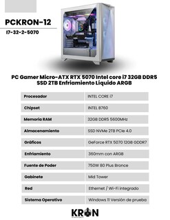 Foto 2 | Foto 2 | Pc Gamer Micro-atx Rtx 5070 Intel Core I7 32gb Ddr5 Ssd 2tb Enfriamiento Líquido Argb
