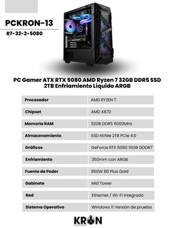 Foto 2 | Foto 2 | Pc Gamer Atx Rtx 5080 Amd Ryzen 7 32gb Ddr5 Ssd 2tb Enfriamiento Líquido Argb