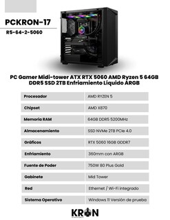 Foto 2 | Foto 2 | Pc Gamer Midi-tower Atx Rtx 5060 Amd Ryzen 5 64gb Ddr5 Ssd 2tb Enfriamiento Líquido Argb