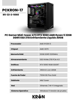 Foto 2 | Foto 2 | Pc Gamer Midi-tower Atx Rtx 5060 Amd Ryzen 5 32gb Ddr5 Ssd 2tb Enfriamiento Líquido Argb